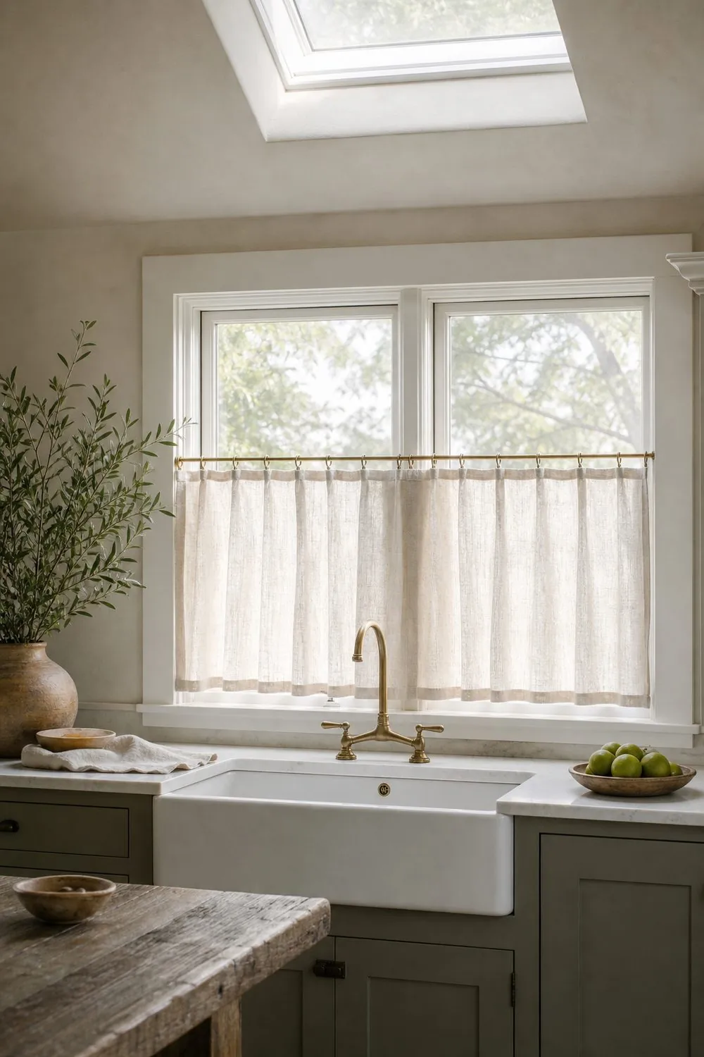 Linen cafe curtain on a brass rod covering the lower half of a farmhouse kitchen window above a white apron sink with a brass bridge faucet