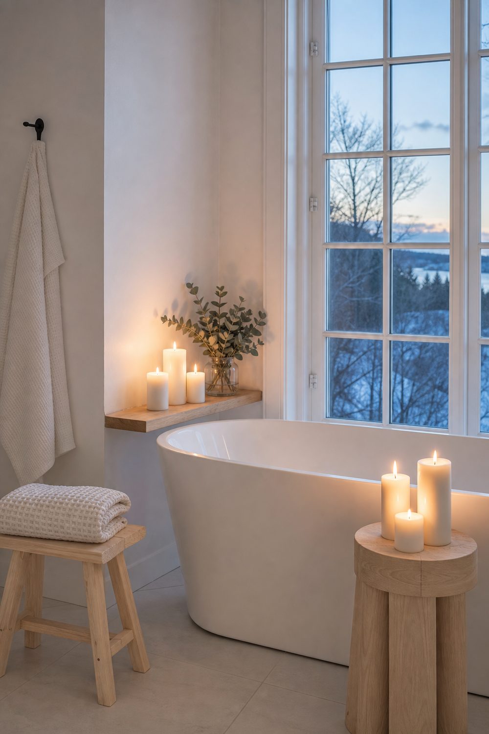 Pillar candles on a pale oak ledge and stool beside a white freestanding tub, with a winter dusk view through the window