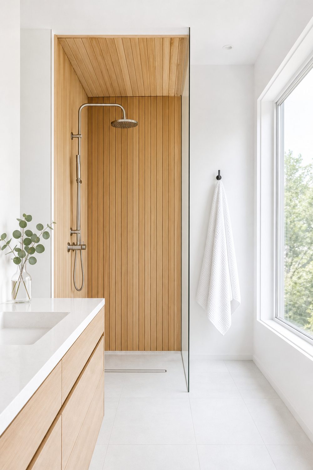 Vertical cedar slat shower wall behind a rain shower head, with white tile and a pale oak vanity alongside