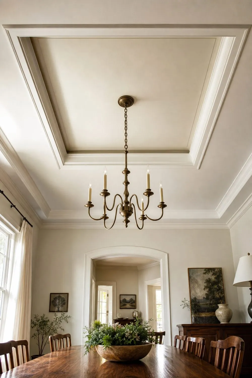 Dining room tray ceiling with an aged brass chandelier hanging from the center of the recessed panel above a walnut table
