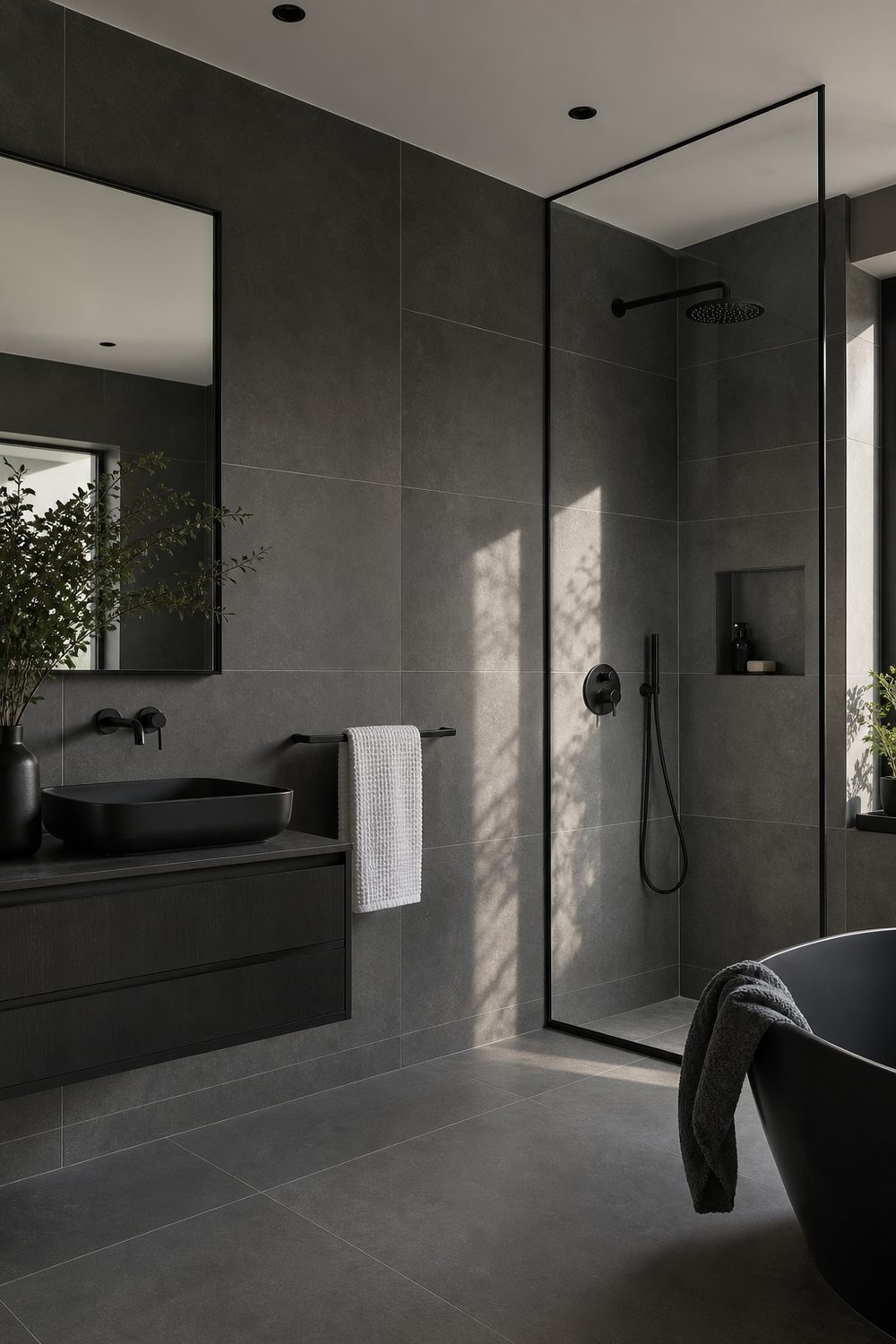 Modern bathroom with charcoal grey porcelain wall tile, matte black wall mounted faucet, black shower trim and black towel bar