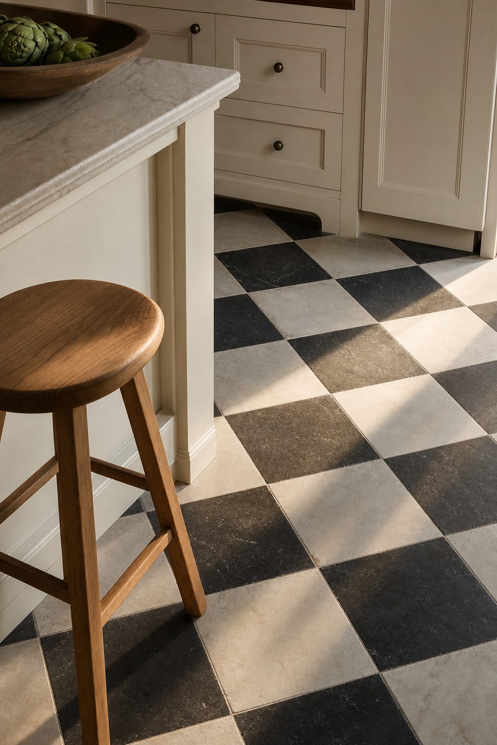 Black and white checkerboard stone tile floor laid on the diagonal in a farmhouse kitchen with cream cabinets and an oak stool