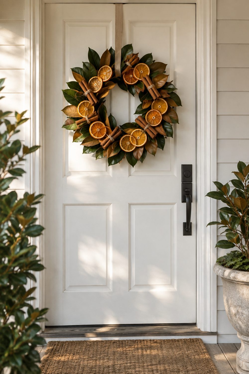 Handmade wreath of dried orange slices and cinnamon sticks on a white front door, oranges lit from behind
