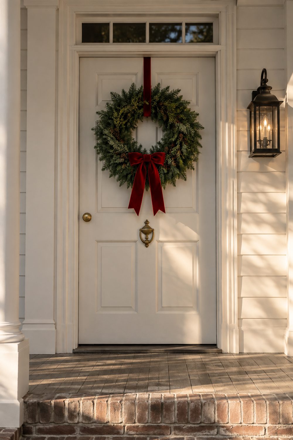 Full evergreen wreath with a deep red velvet bow hanging on a cream painted front door, brick step and black lantern