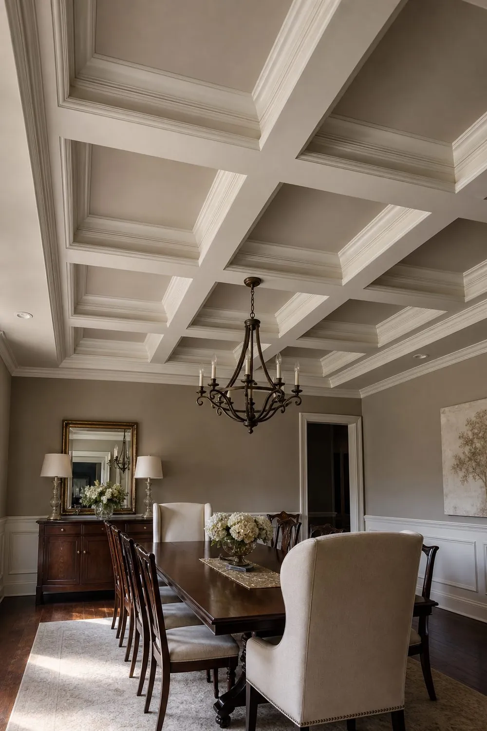 Painted coffered ceiling grid of recessed square panels with layered crown moulding above a formal dining table