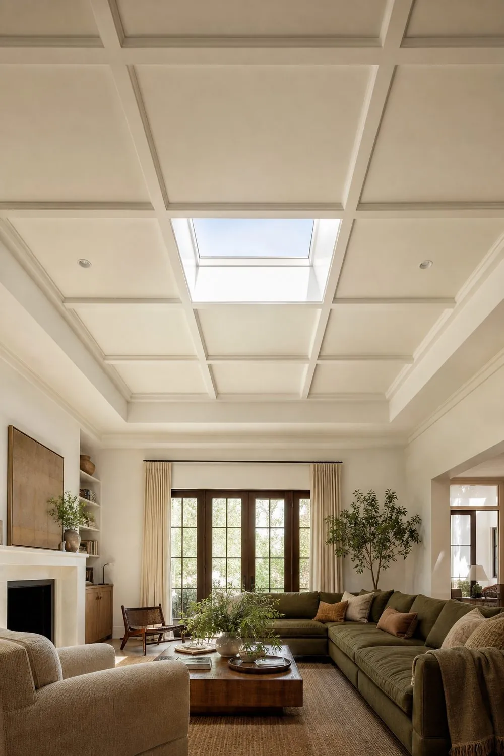 Family room tray ceiling with a shallow painted beam grid dividing the recessed panel into even square coffers