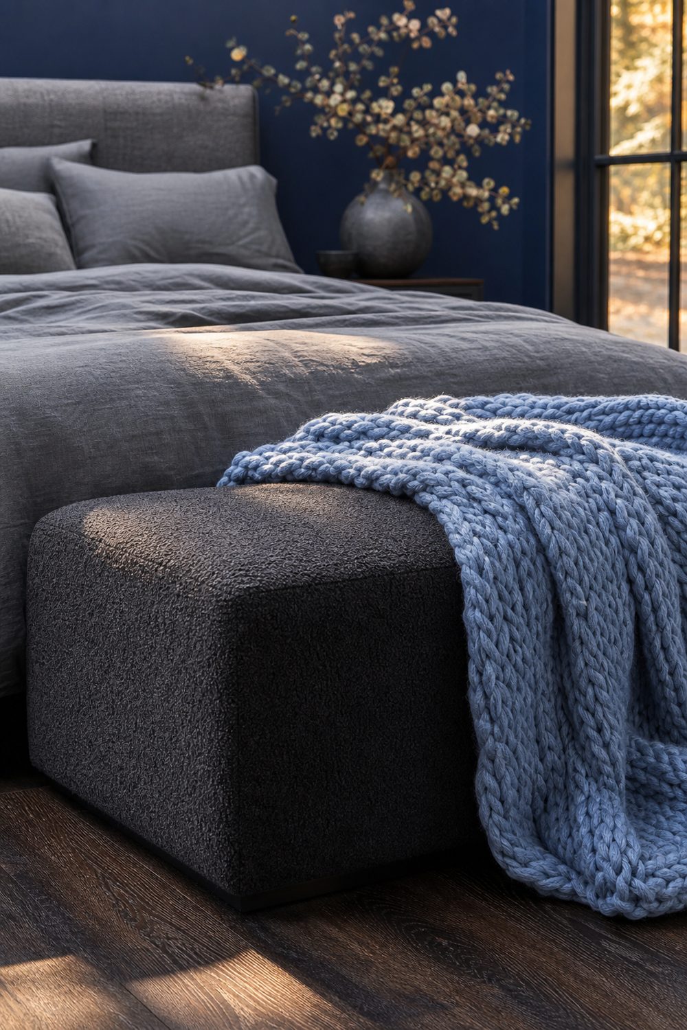 Charcoal boucle bench at the foot of a bed with a cornflower blue chunky knit throw draped over one end