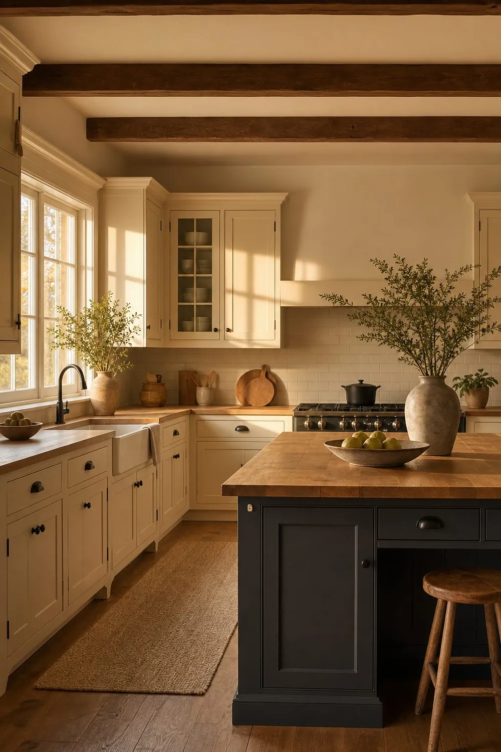 Cream perimeter shaker cabinets with a charcoal painted island and butcher block top under reclaimed ceiling beams in a farmhouse kitchen