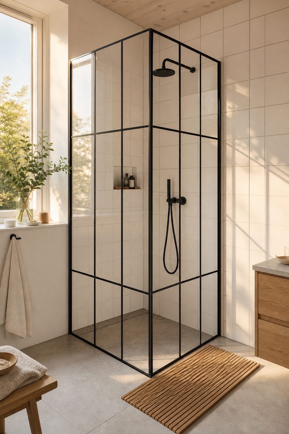 Black framed steel and glass Crittall shower screen with slim glazing bars enclosing a tiled walk in shower