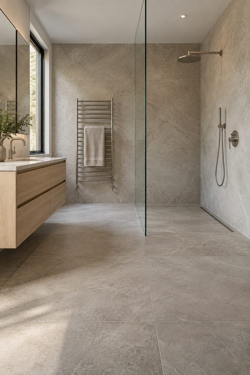 Curbless wet room bathroom with one flat stone look tile floor running into the shower, glass panel and linear drain