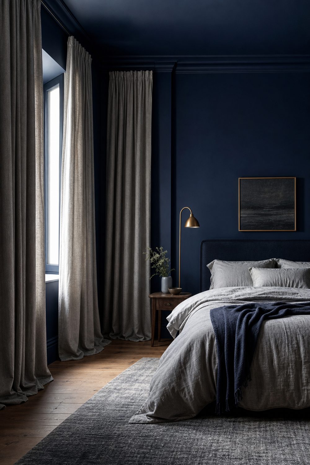 Deep navy bedroom walls with full length soft grey linen curtains at a tall window and pale grey bedding