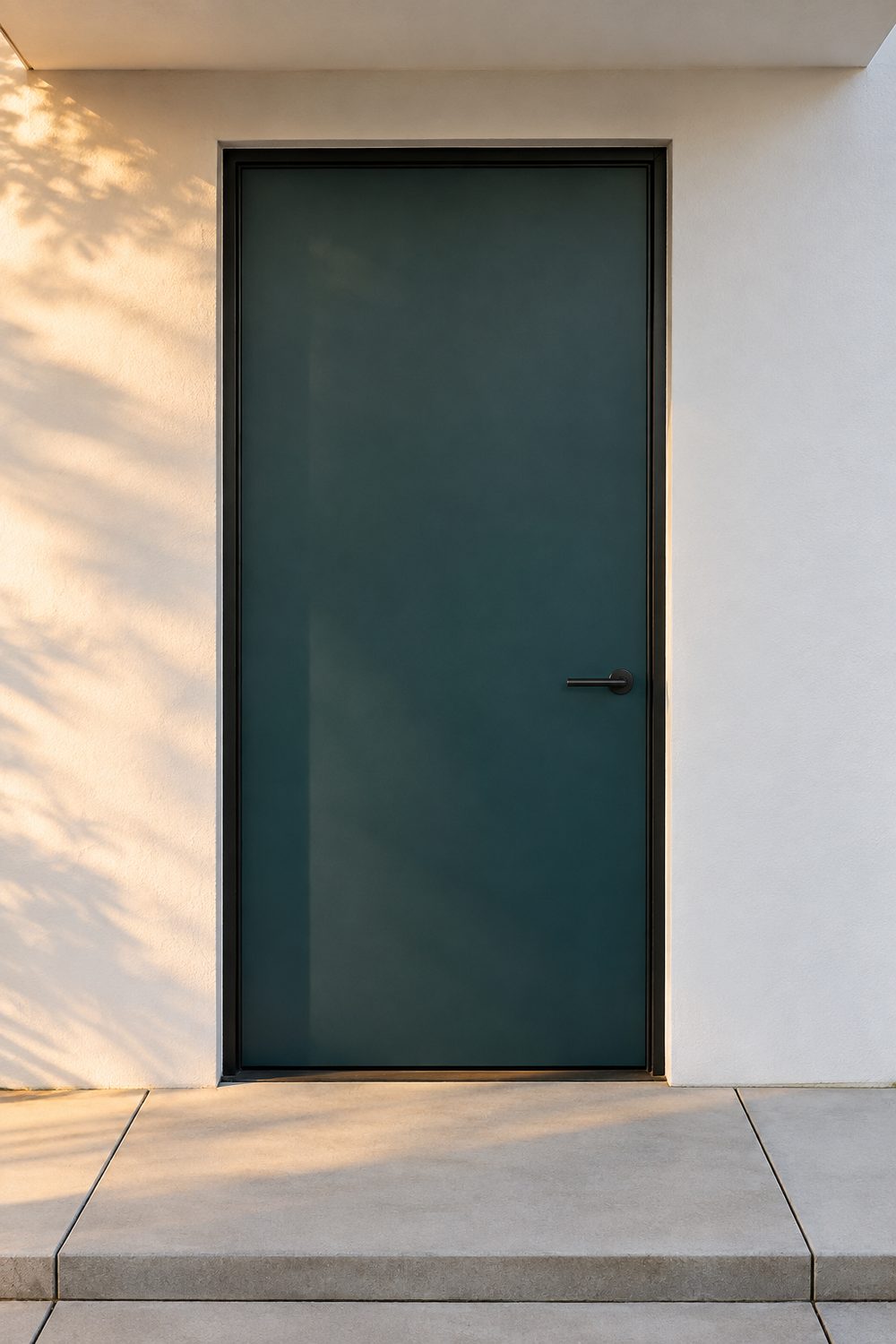 Deep muted teal slab front door with a black lever handle set in a bright white stucco wall with a pale concrete landing