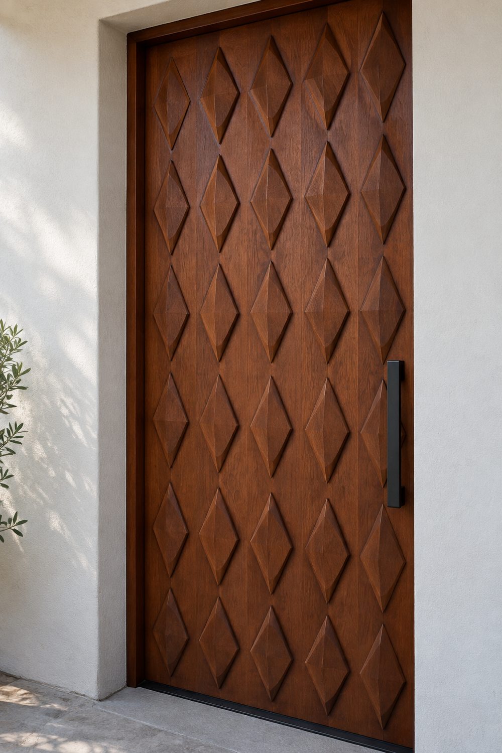 Oiled mahogany front door with raised wooden diamond pattern panels and a black pull set in a pale plaster wall