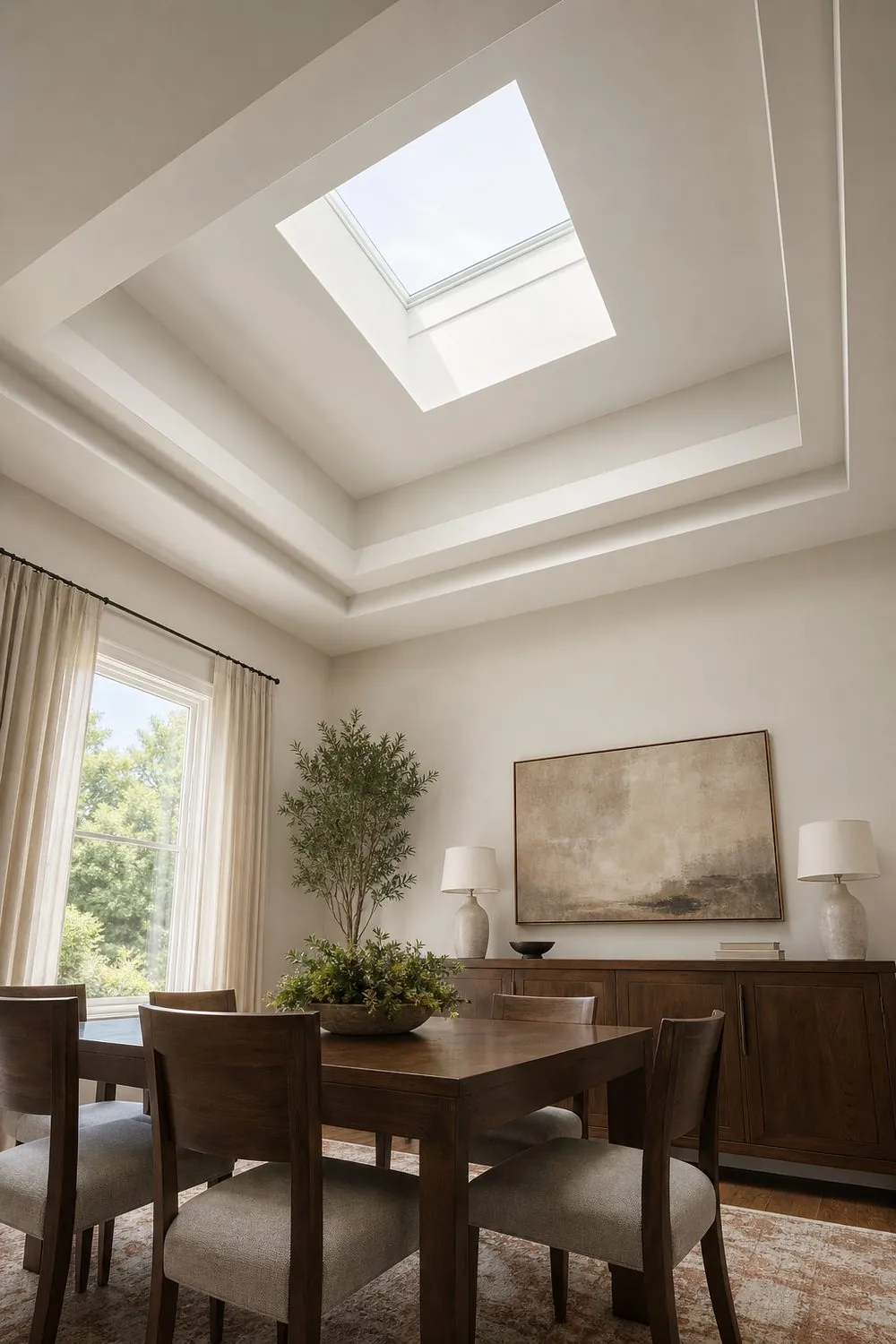 Formal dining room ceiling with two stepped tray levels set back in layers above a walnut table