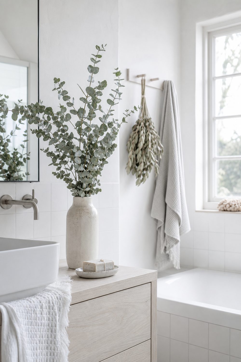 Dried eucalyptus stems in a matte stone vase on a pale oak vanity, with a hanging dried bundle and white tile behind