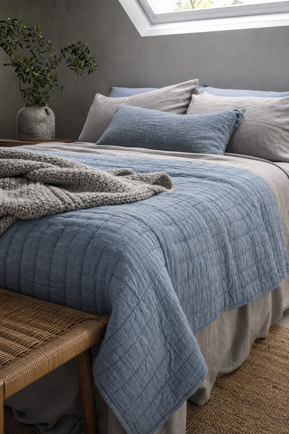 Layered bed with a dusty blue quilt over warm grey sheets, a chunky knit throw folded at the foot and a rattan bench