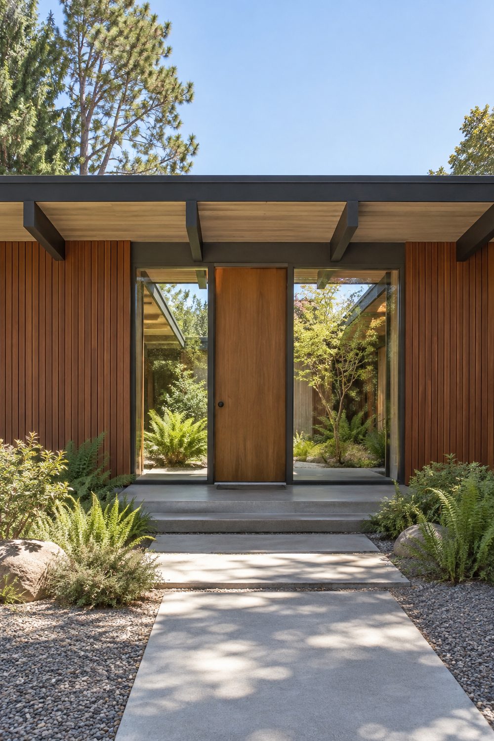 Eichler style front door with floor to ceiling glass panels showing a planted open air atrium behind redwood siding