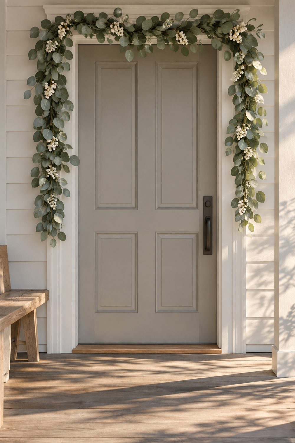 Silver green eucalyptus garland with white berry clusters draped along the frame of a pale greige front door