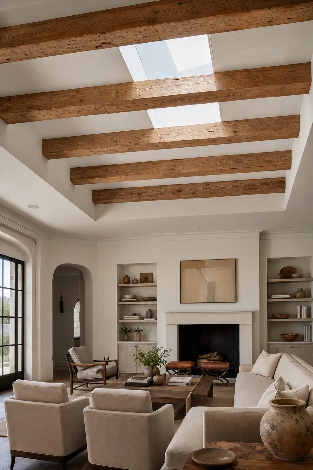 Great room tray ceiling with rough sawn douglas fir beams spanning the recessed panel above oatmeal linen seating