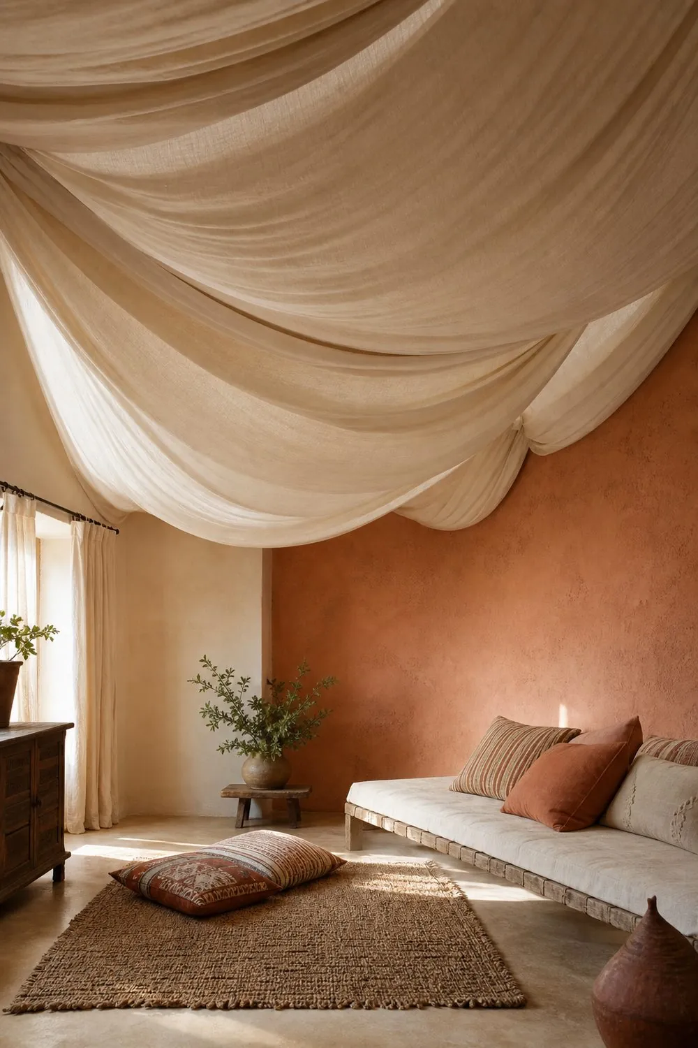 Soft ivory linen fabric draped and gathered across a ceiling in gentle swags above a low daybed and woven rug