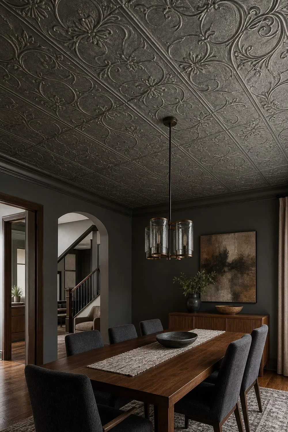 Embossed faux tin ceiling tiles in antique pewter with floral relief above a walnut dining table and upholstered chairs