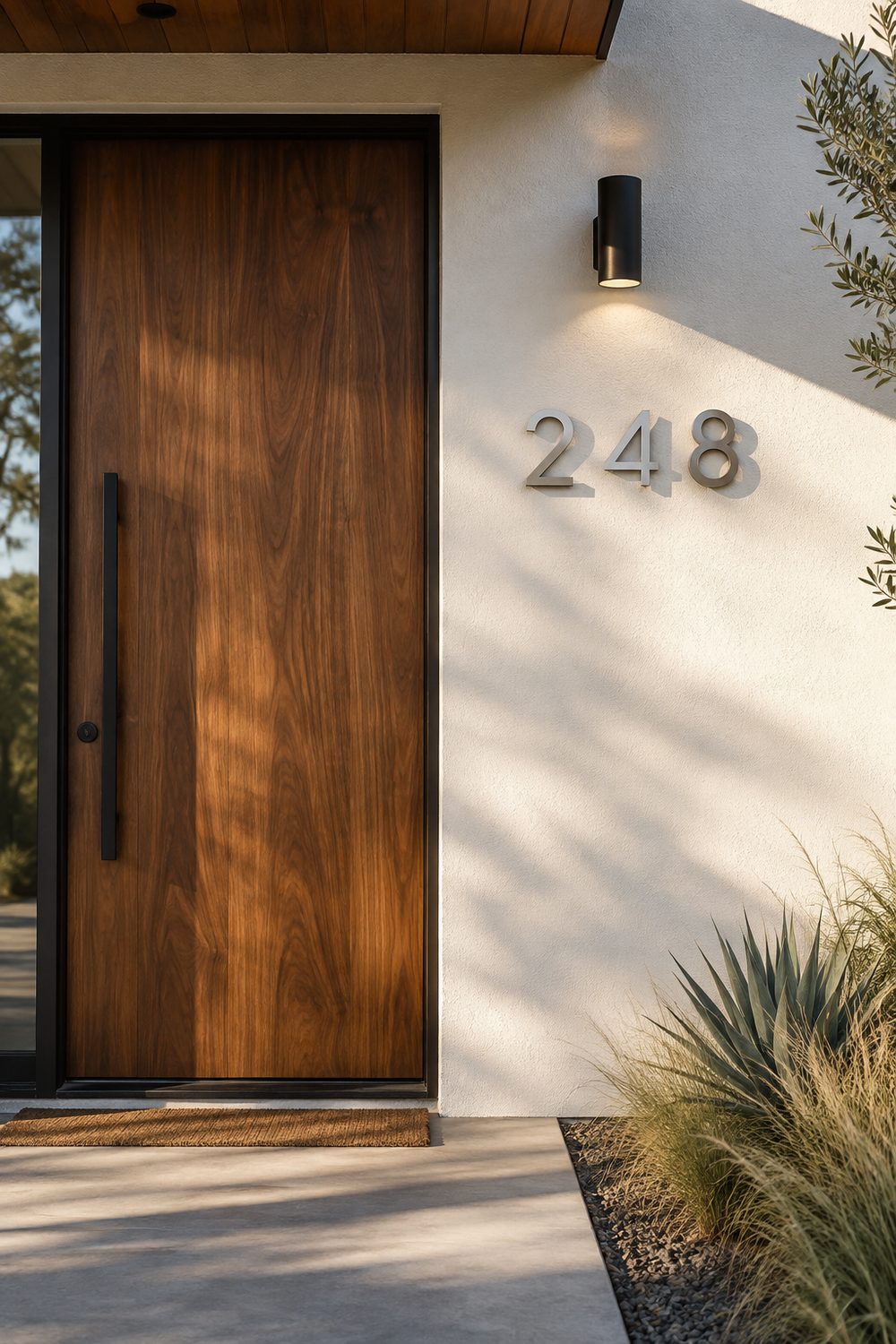 Brushed aluminum house numbers 248 floating off a white stucco wall beside a walnut front door, cylinder light above