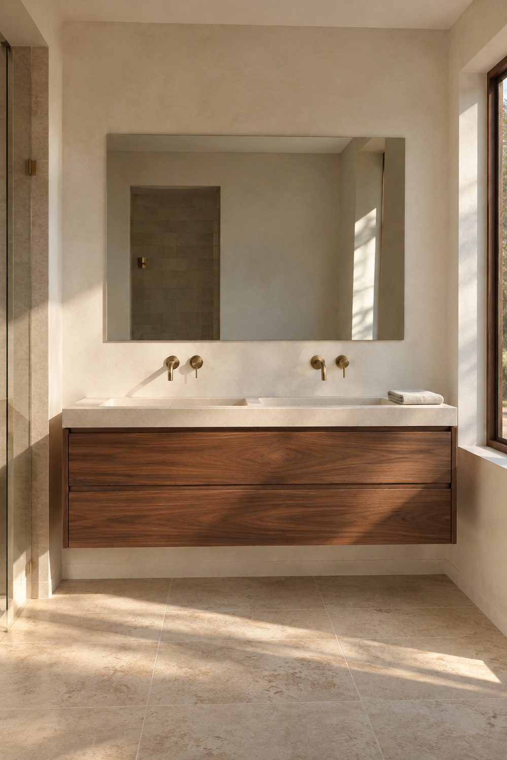 Floating walnut vanity with a white stone basin, brushed brass wall faucets and a frameless mirror above pale limestone tile