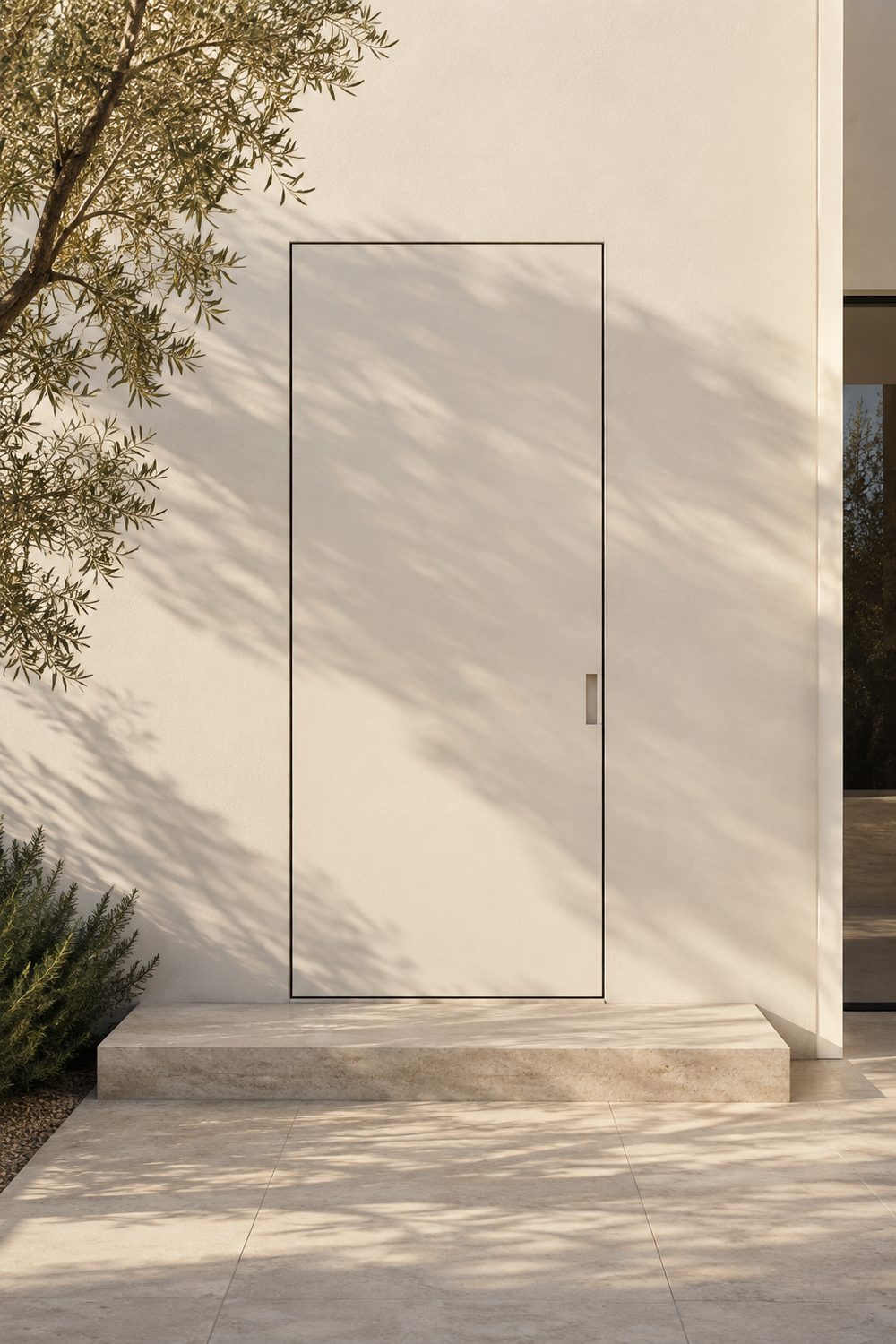 Flush minimalist front door painted warm white to match the wall, outlined only by a thin shadow gap, with a limestone step
