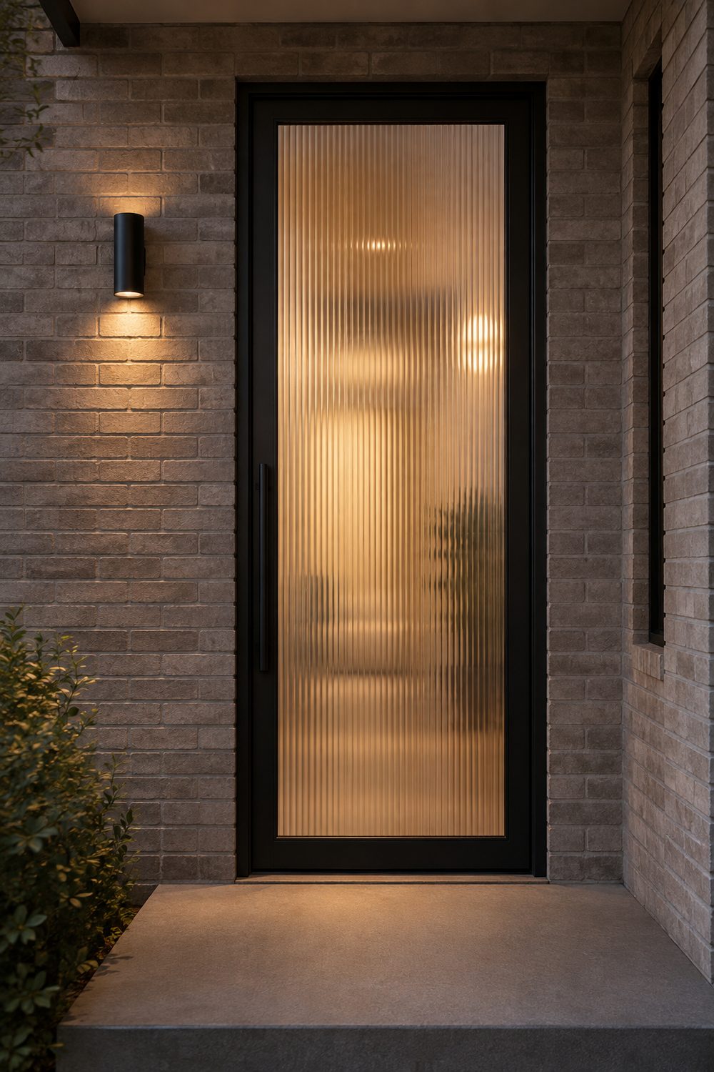 Black framed front door with one tall vertical fluted glass panel glowing at dusk in a warm grey brick wall