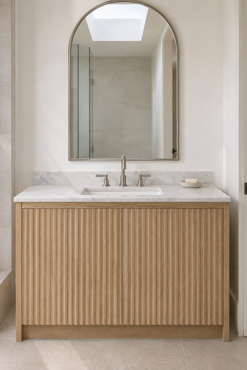 White oak vanity with vertical fluted doors, honed white marble top, brushed nickel faucet and a tall arched mirror
