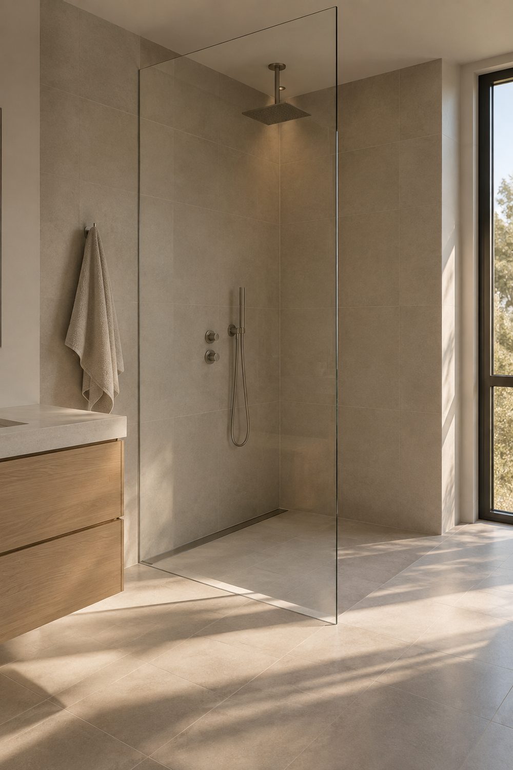 Walk in shower behind a single frameless low iron glass panel, warm greige large tiles, rain shower head and linear drain