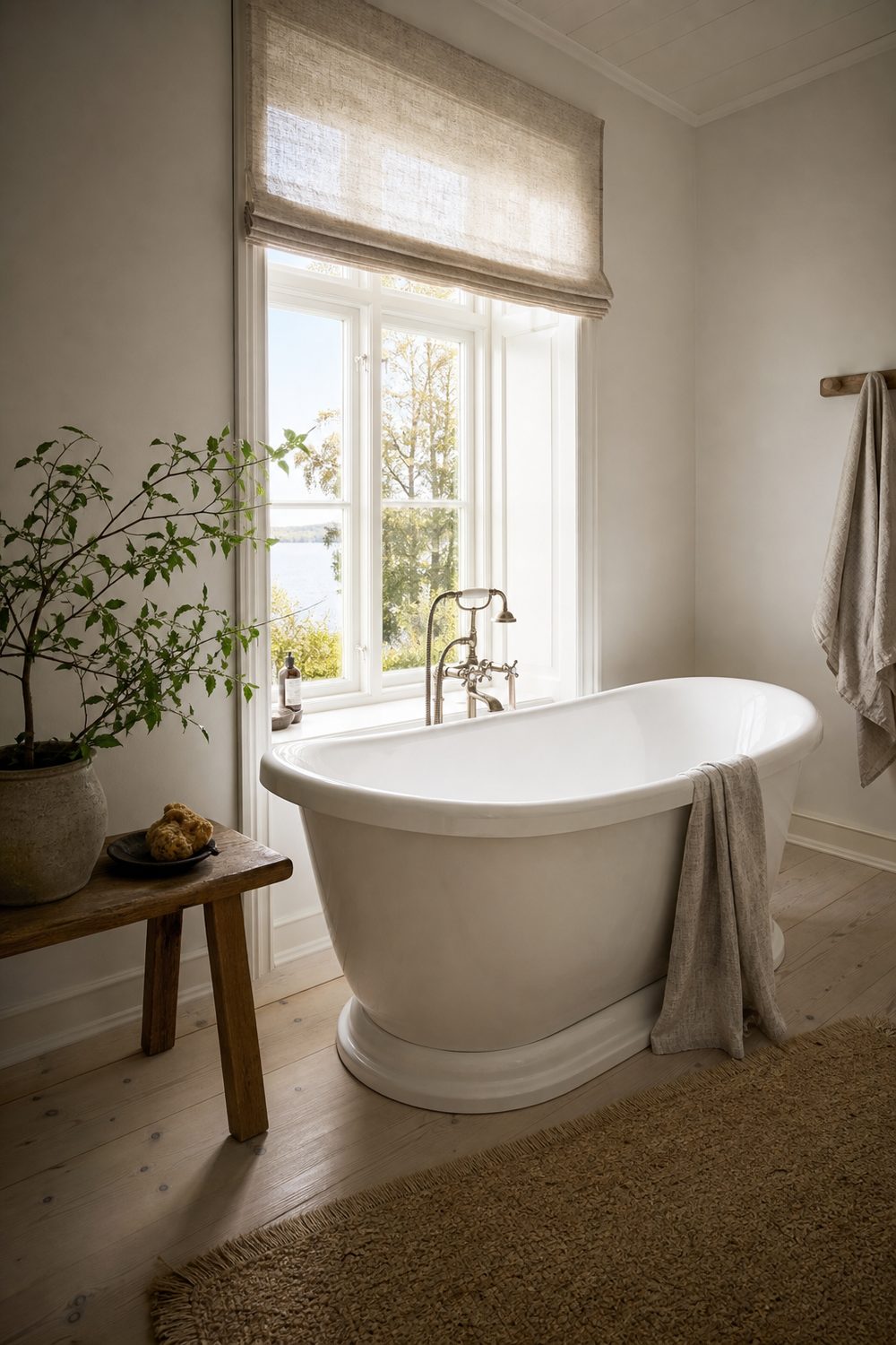 White freestanding tub placed directly beneath a tall window with pale wide plank wood flooring and a linen blind
