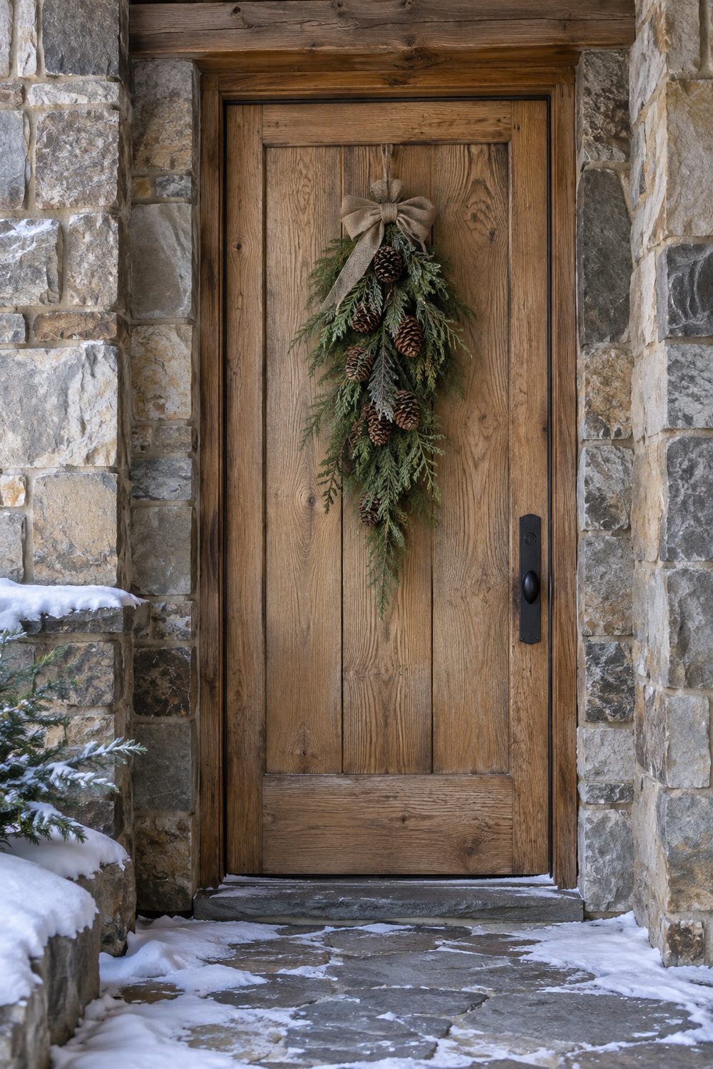 Teardrop shaped cedar swag with brown pinecones and a burlap tie hanging on a rustic oak front door, snow outside