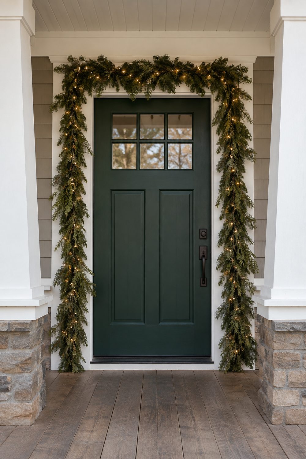Thick lit evergreen garland outlining a green craftsman front door, up both sides and across the top of the frame