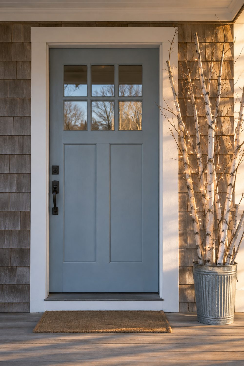 Galvanized metal bucket of tall bare white birch branches on the porch beside a soft blue front door