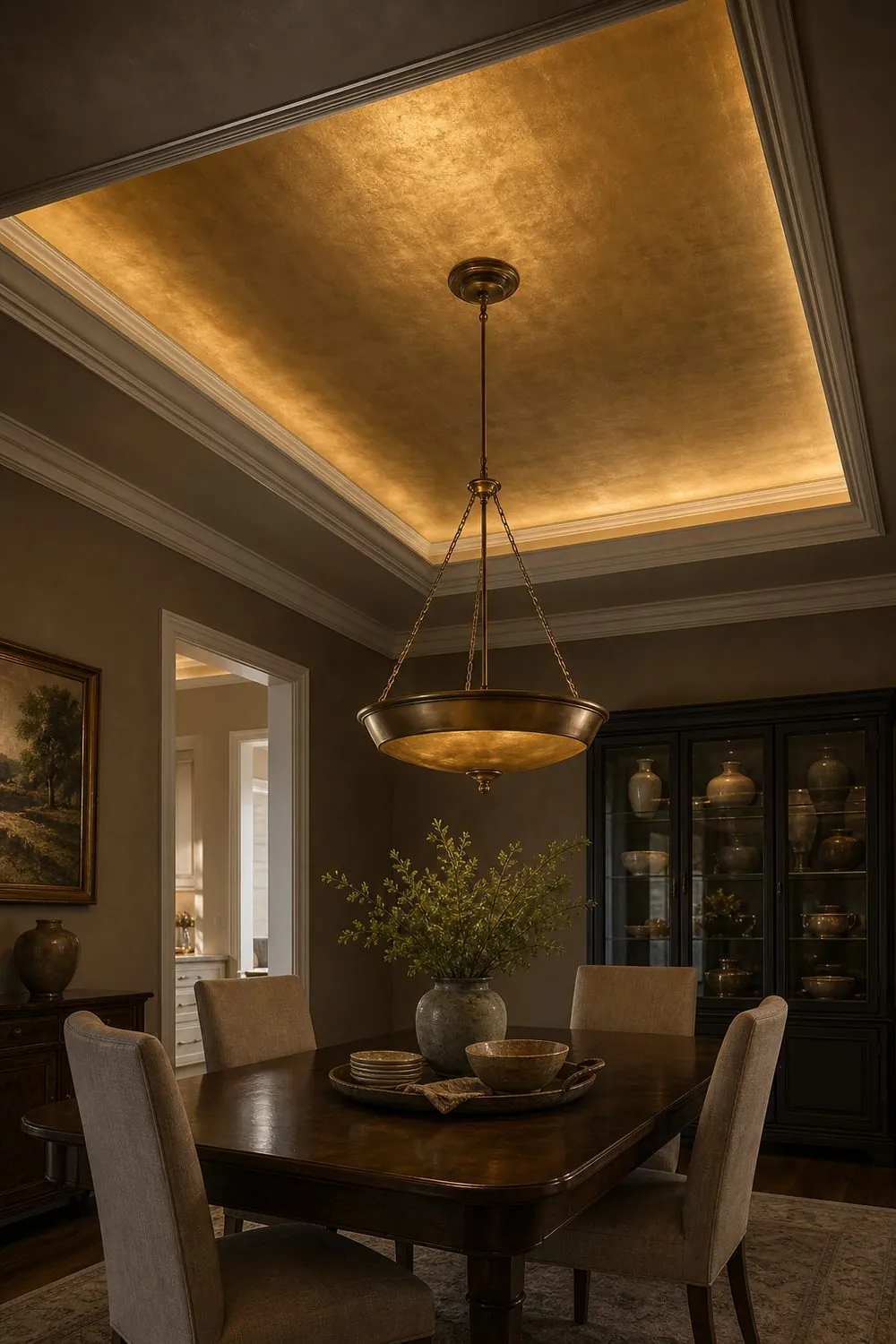 Formal dining room tray ceiling with a soft hand applied gold leaf panel reflecting light above a dark wood table