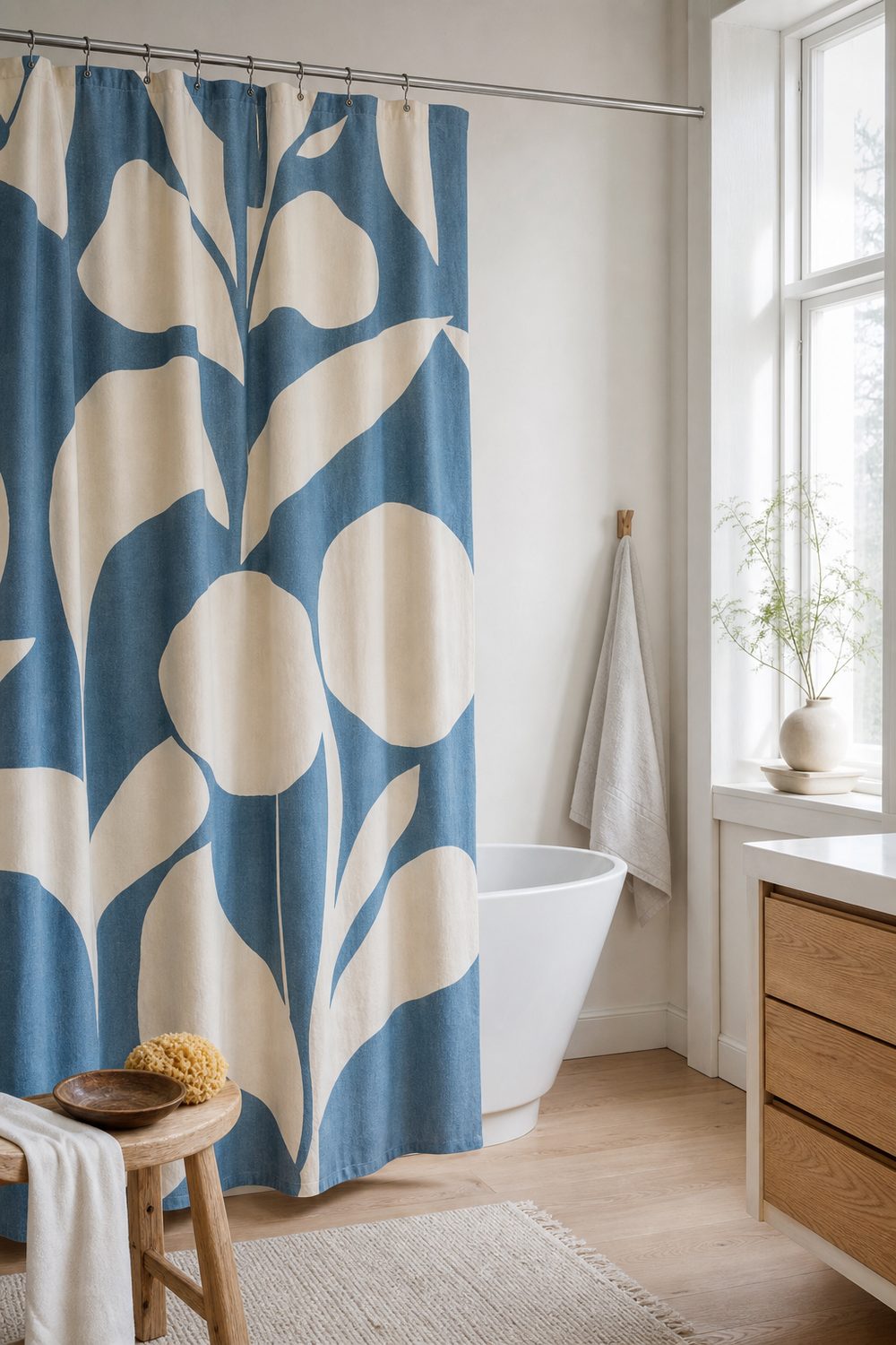 Bold blue and cream botanical print shower curtain beside a white tub and pale oak vanity in a white bathroom