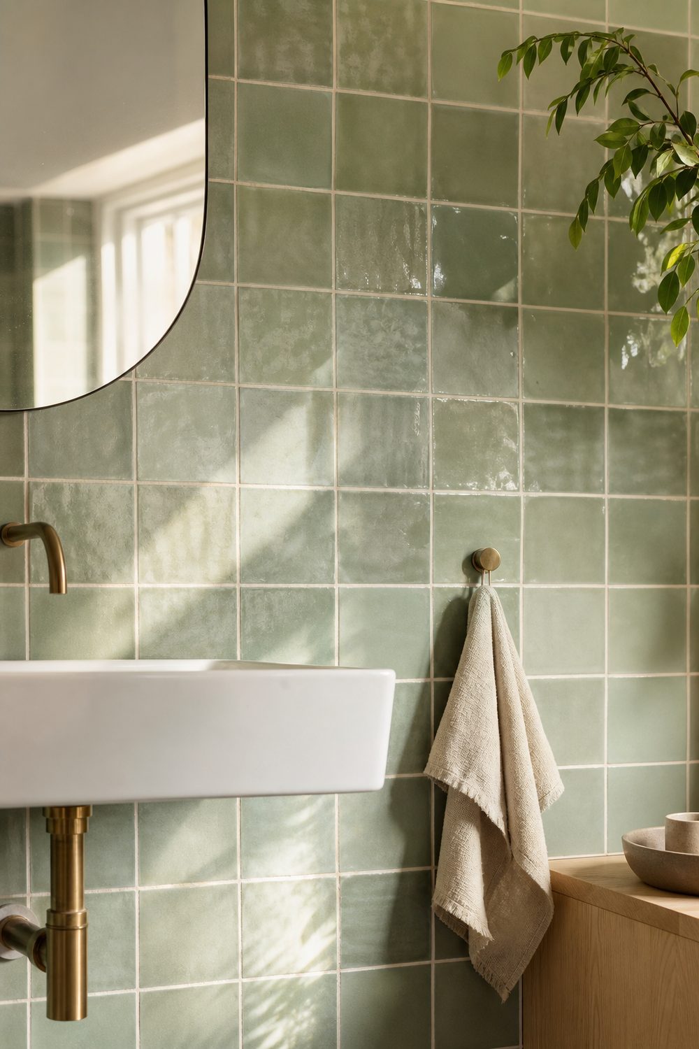Handmade sage green glazed square tile with uneven glaze pooling behind a white wall hung basin and brass tap