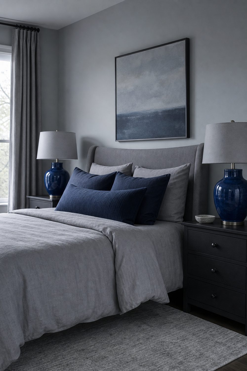 Grey bedroom with a pair of glazed blue ceramic table lamps on dark walnut nightstands flanking the bed
