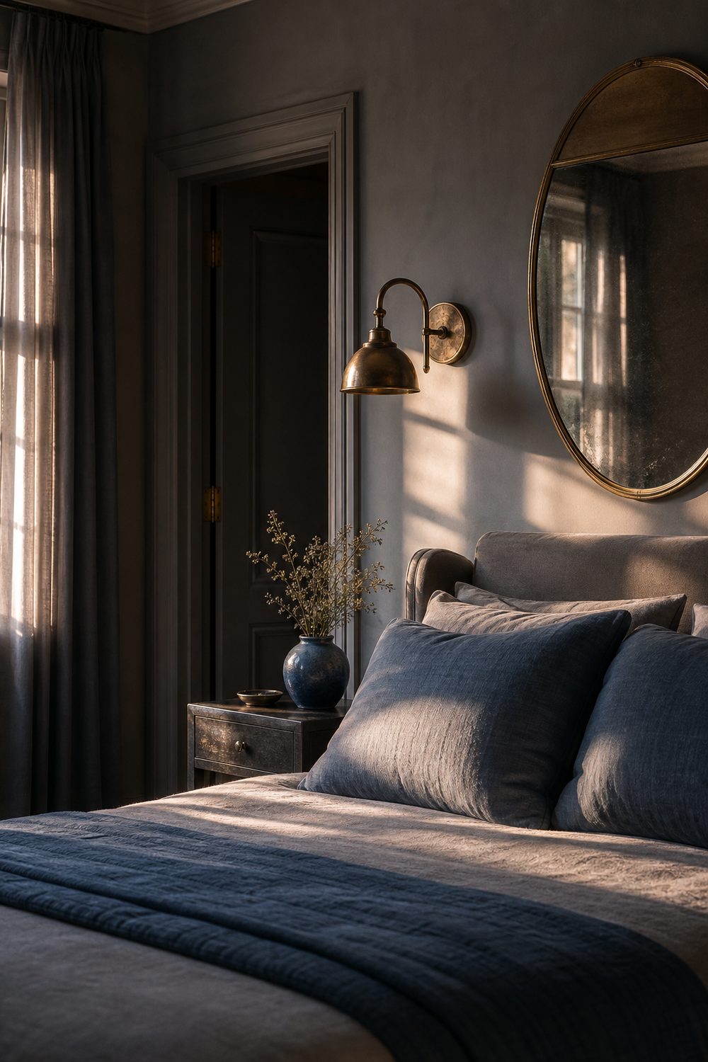 Grey bedroom with aged brass sconces and mirror frame, blue linen pillows and a small blue glazed vase
