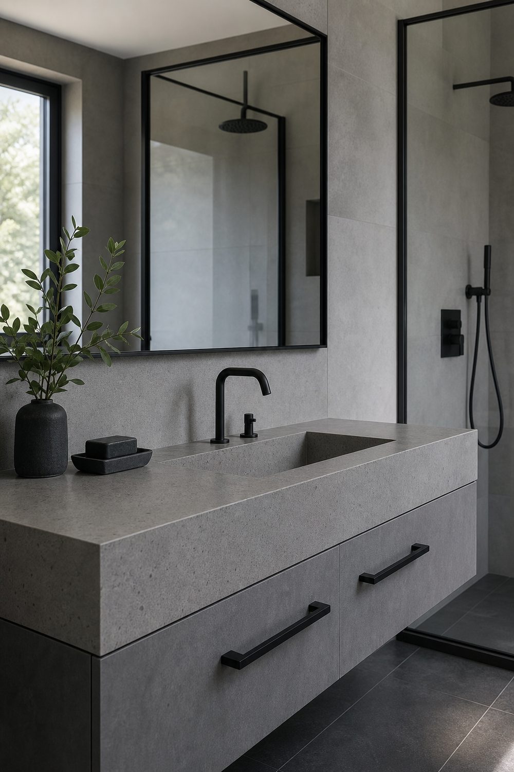 Floating grey concrete vanity with integrated basin, matte black drawer pulls and black faucet in a grey tiled bathroom
