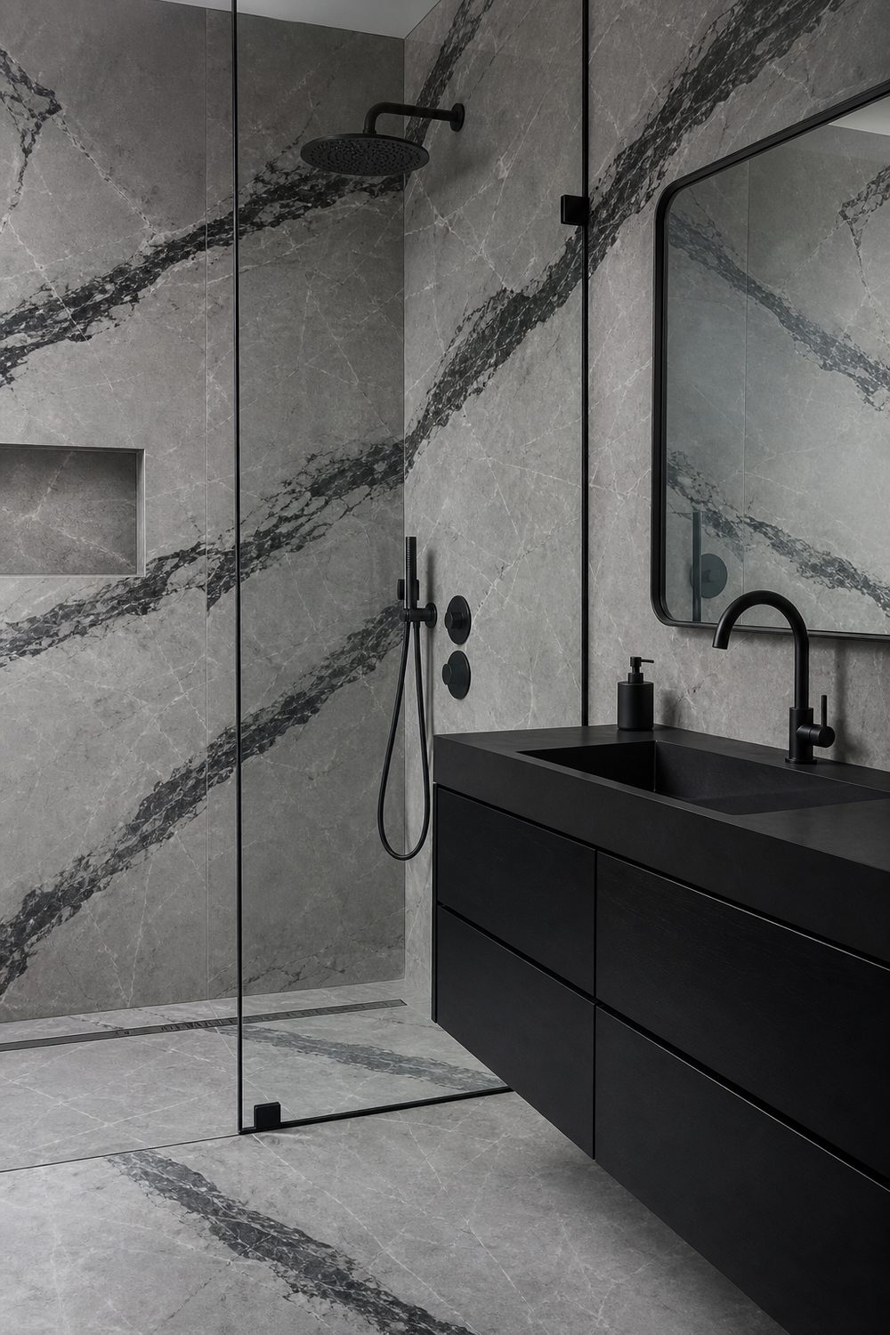 Grey marble slab bathroom wall with bold black veining, matte black faucet and black framed glass shower door