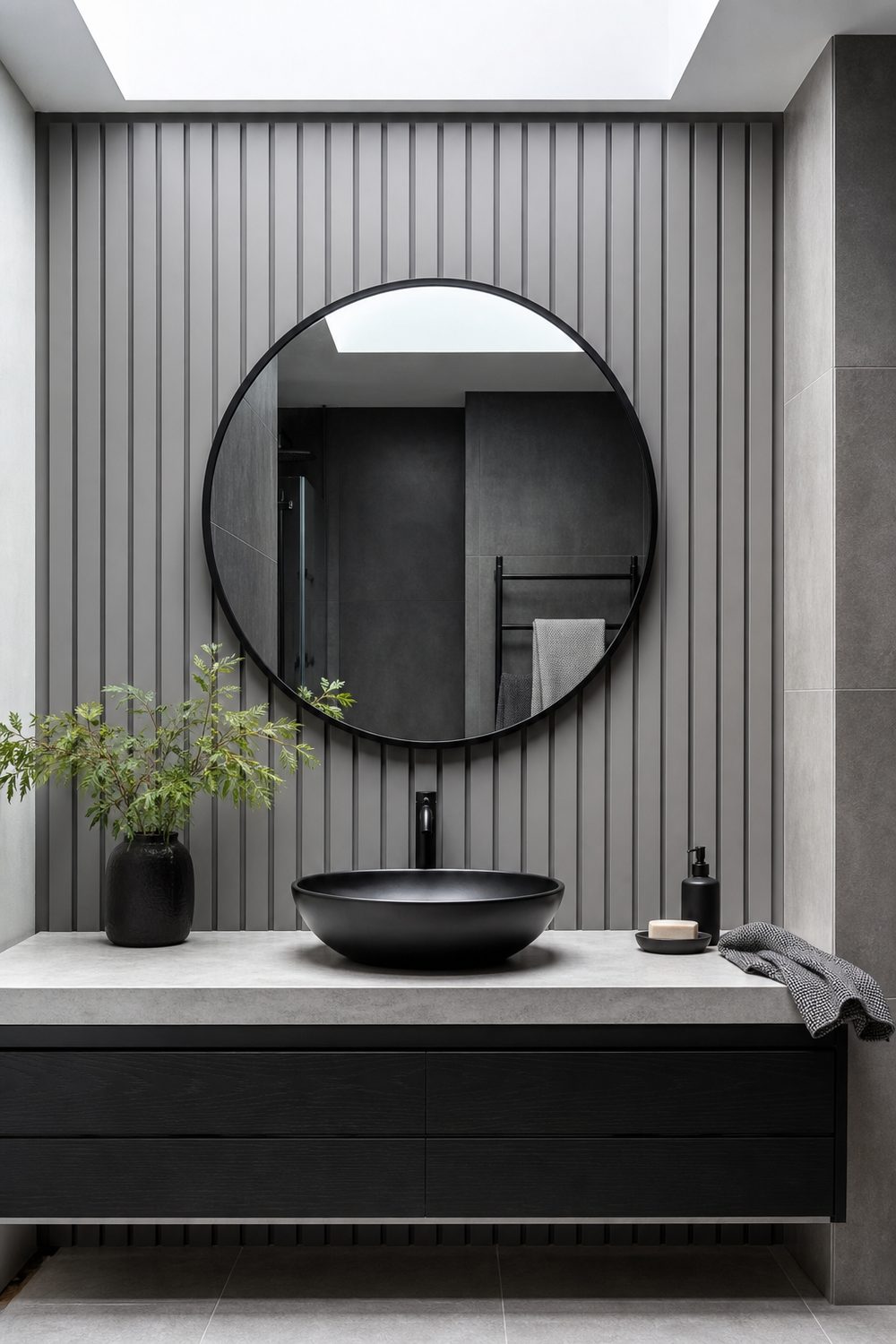 Grey painted vertical timber slat bathroom wall with a large round black framed mirror above a vanity and black faucet