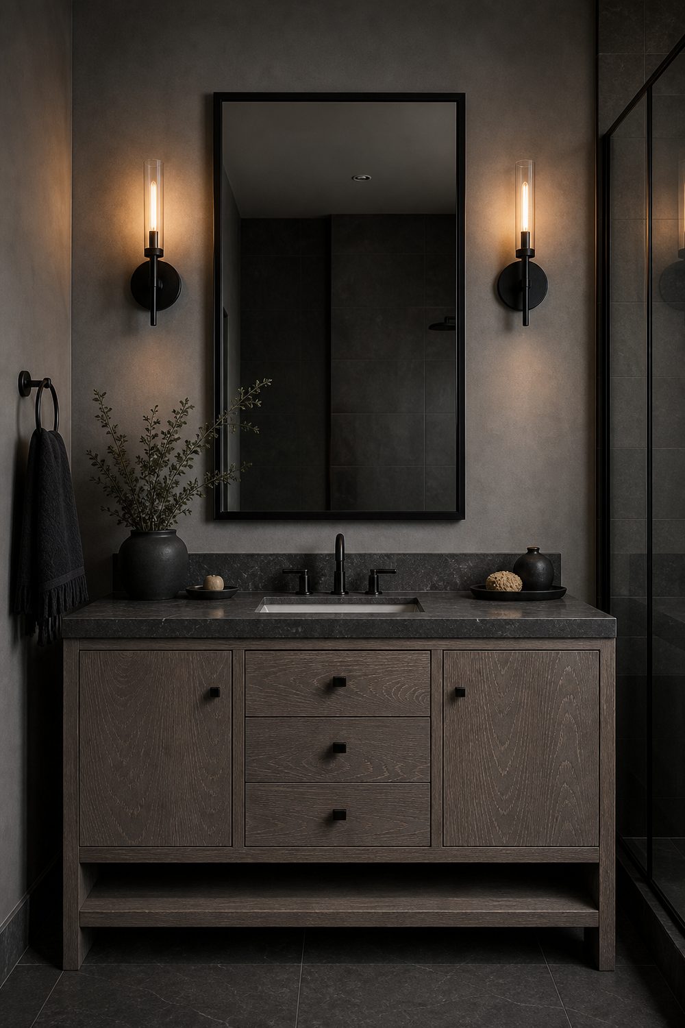 Grey stained wood vanity with black framed mirror flanked by two matte black wall sconces in a grey bathroom