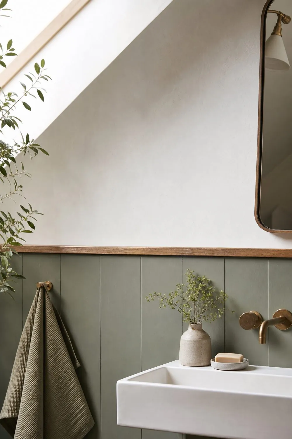 Bathroom wall split by an oak dado rail with sage panelling below and off white plaster above, beside a basin