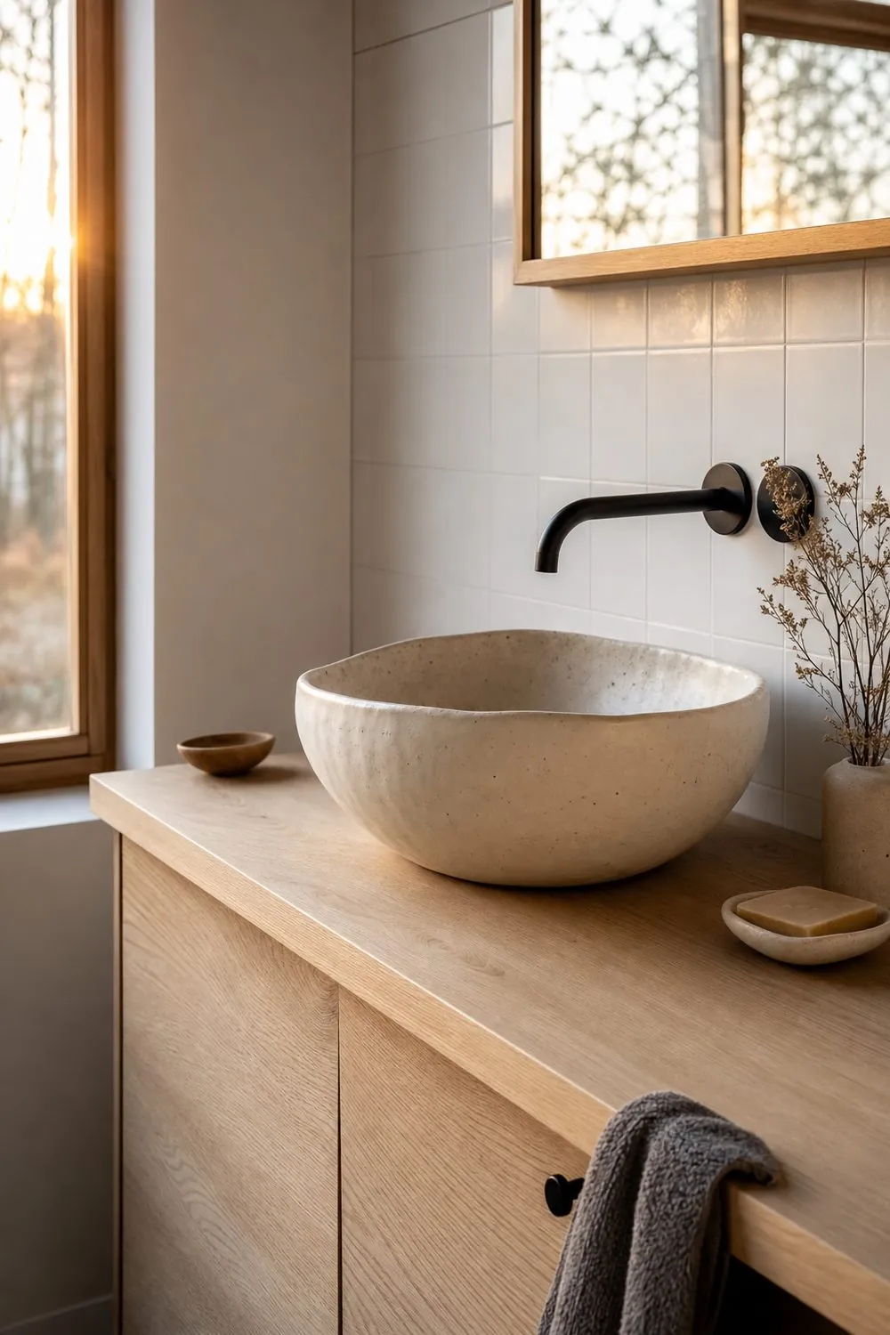 Handmade speckled cream ceramic vessel basin with an irregular rim on a pale oak counter with a black wall spout