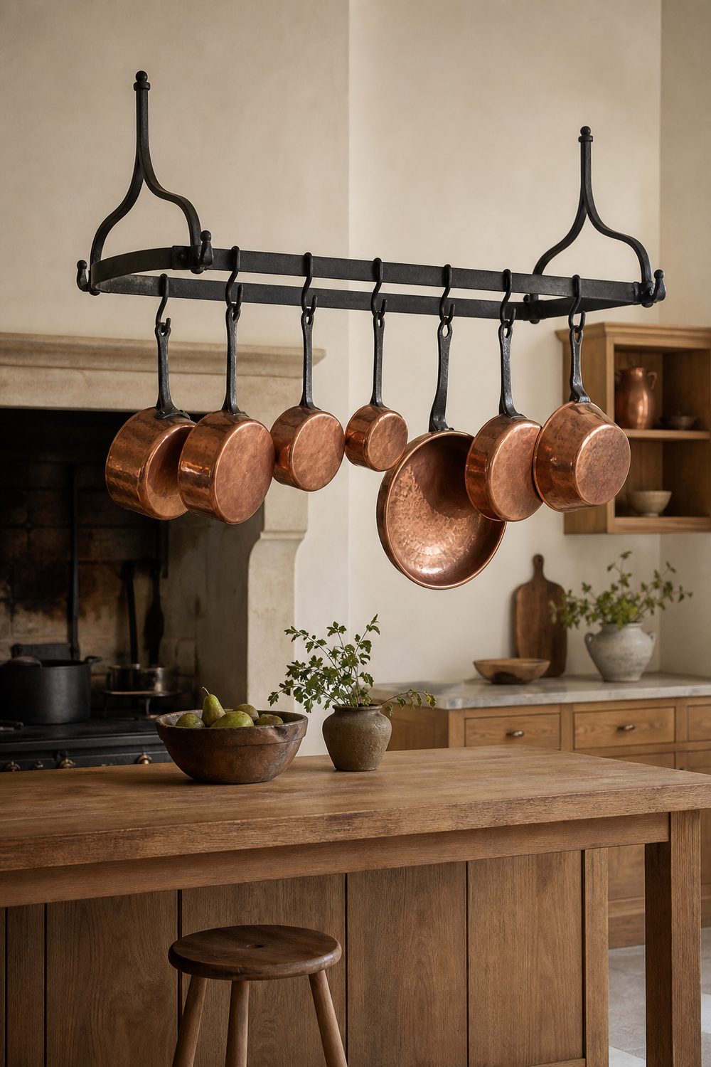 Copper pots hanging from individual hooks on a black wrought iron pot rack above a wood island in a farmhouse kitchen with a hearth behind