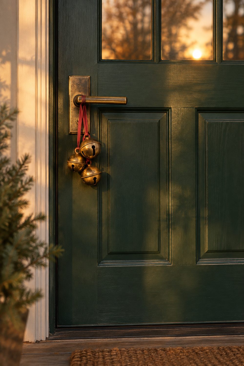 Cluster of aged brass sleigh bells tied with red ribbon to the lever handle of a deep green front door