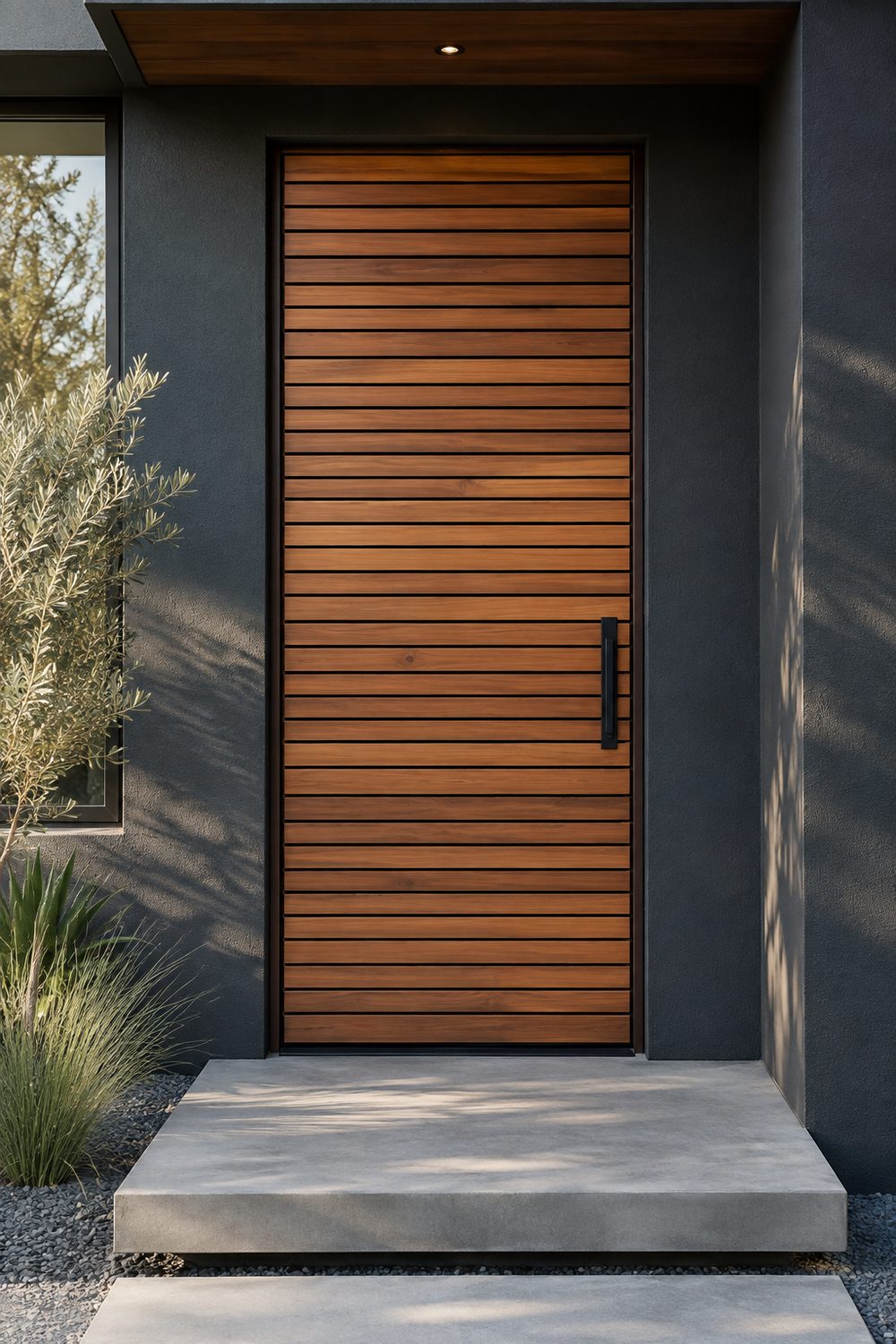 Front door clad in horizontal natural cedar slats with even shadow gaps set in a dark charcoal stucco wall