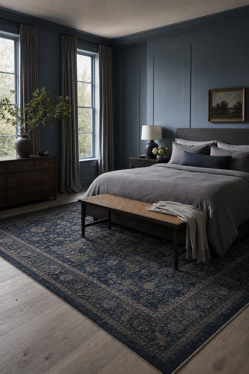 Large indigo blue patterned wool rug on a pale grey wide plank bedroom floor beneath a bed with grey bedding